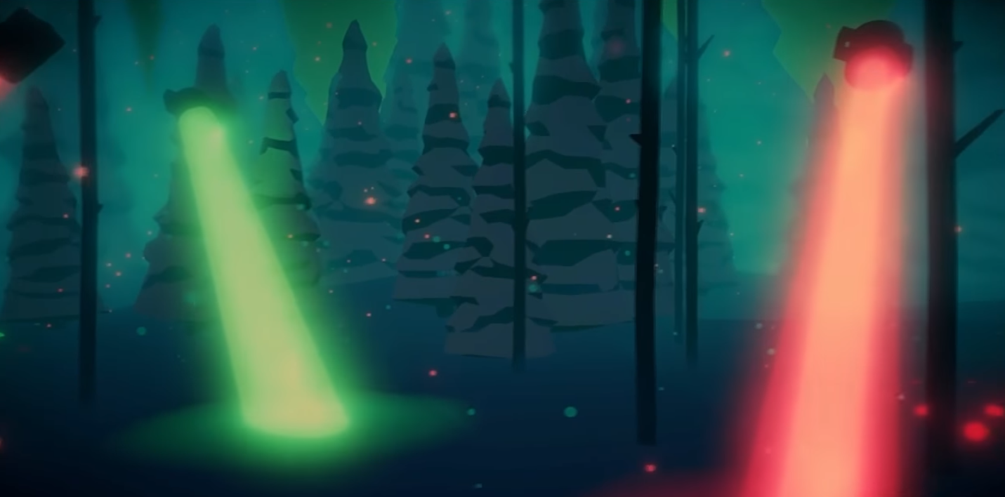 Low poly computer genereated image of a forest in winter with colored spotlights.