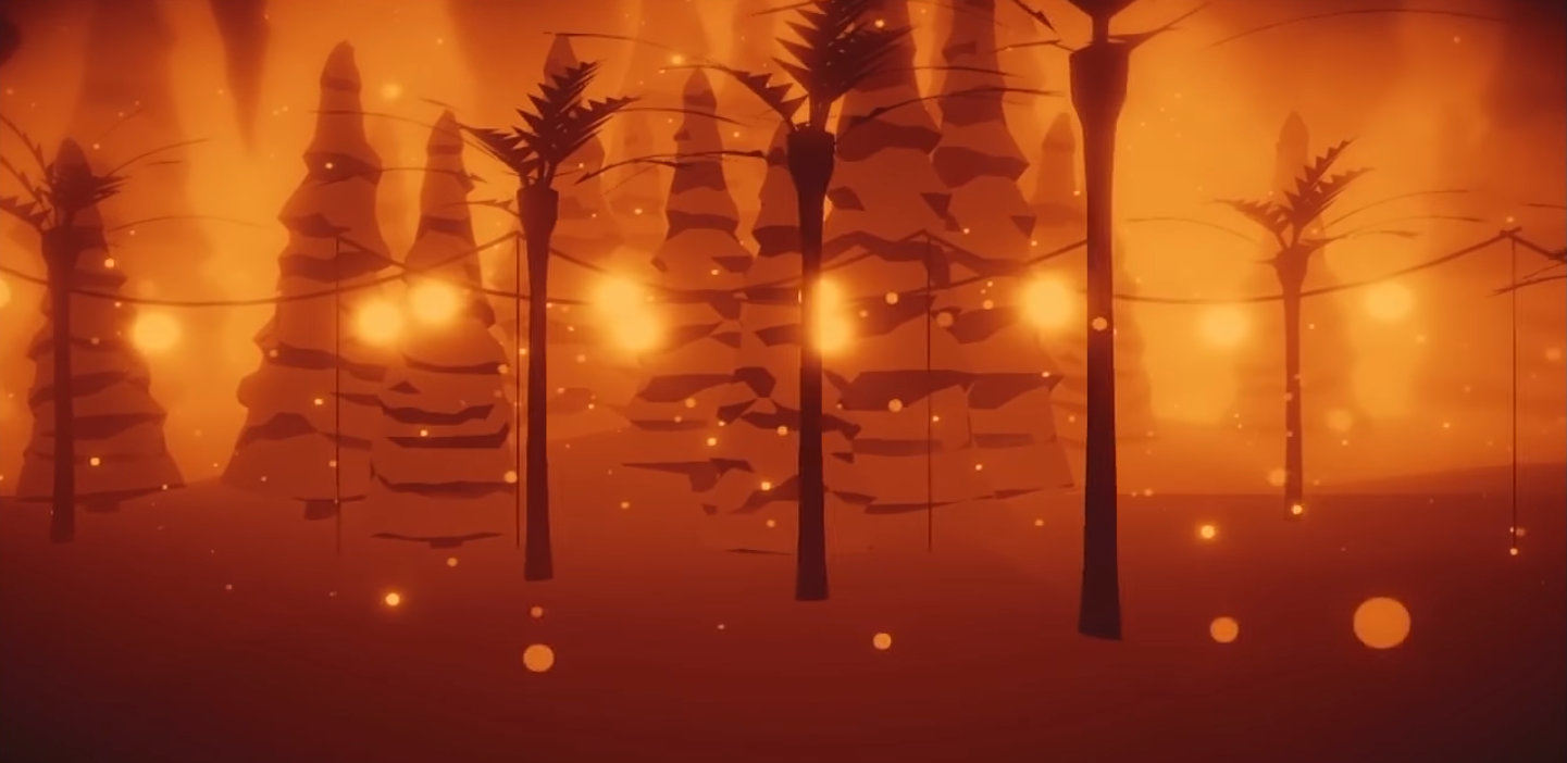 Low poly computer genereated image of a forest with palm trees and hanging lights.