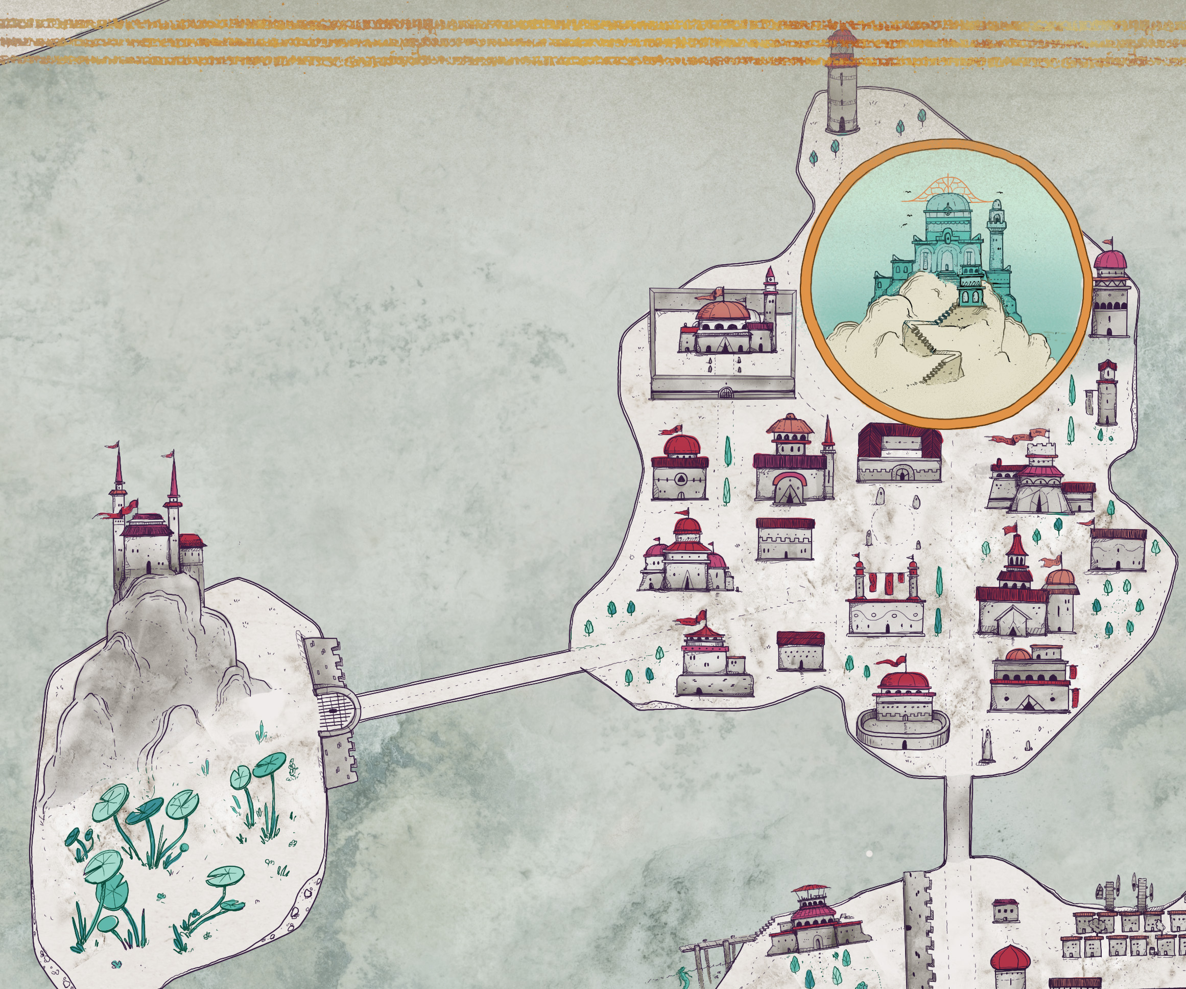 Partial close up view of a single district of Embrace, including a detail medallion.