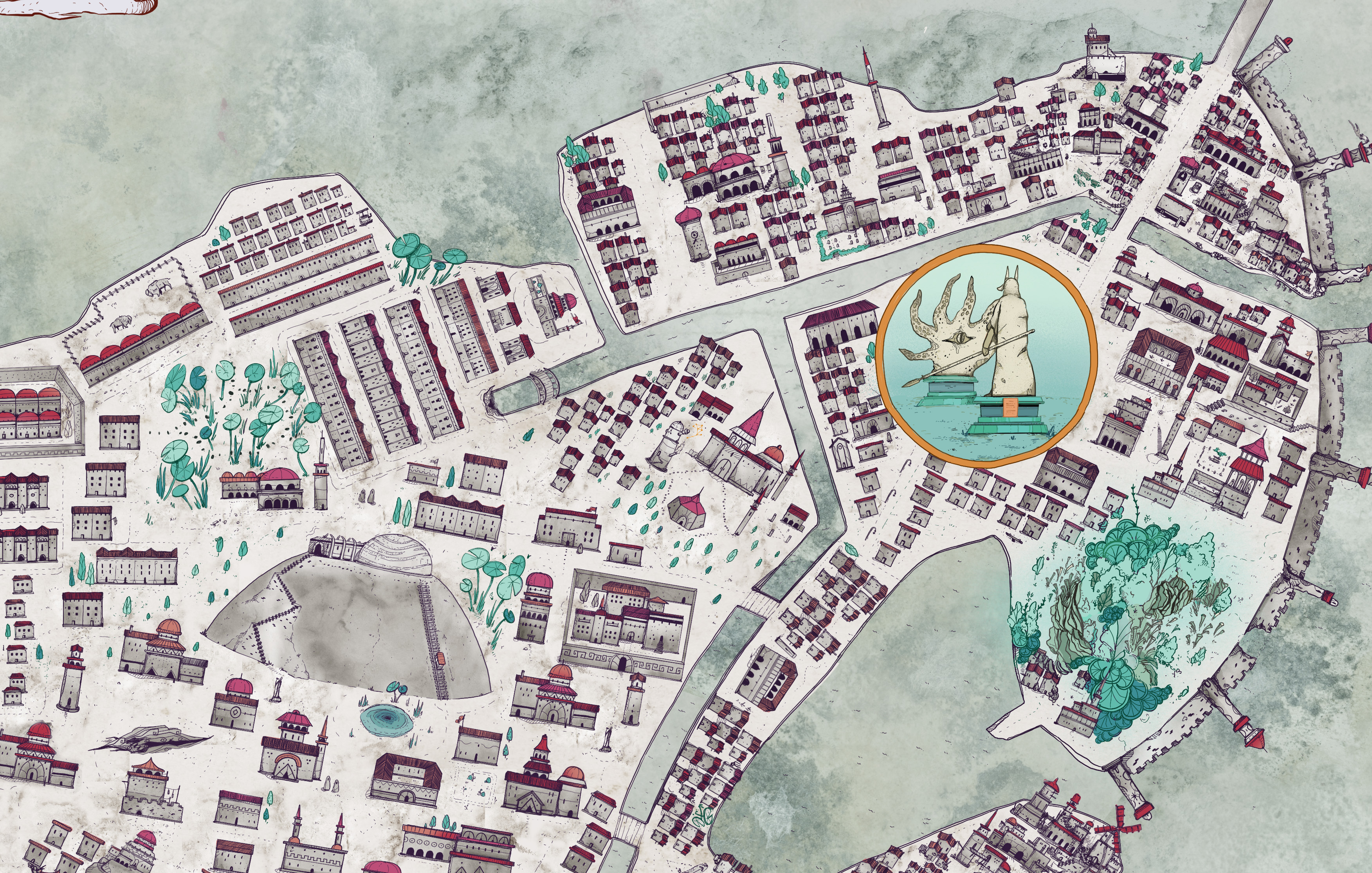 Partial close up view of a single district of Embrace, including a detail medallion.