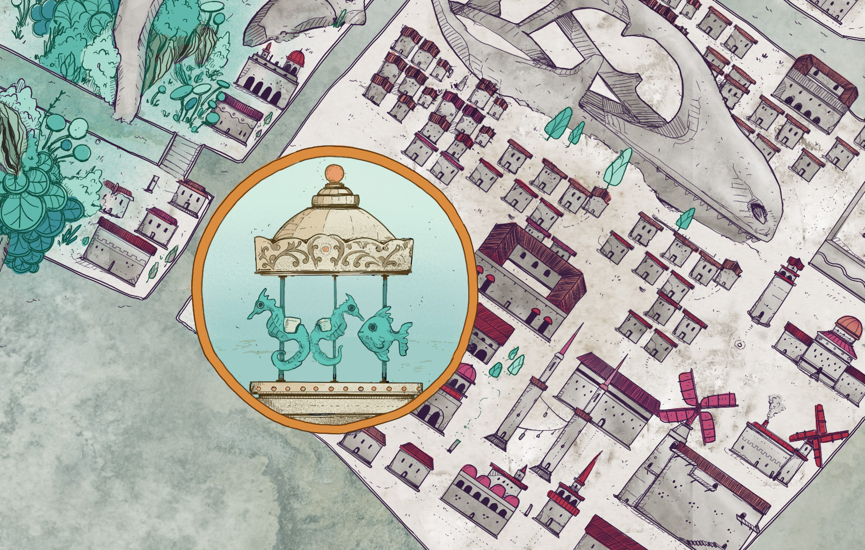 Partial close up view of a single district of Embrace, including a detail medallion.