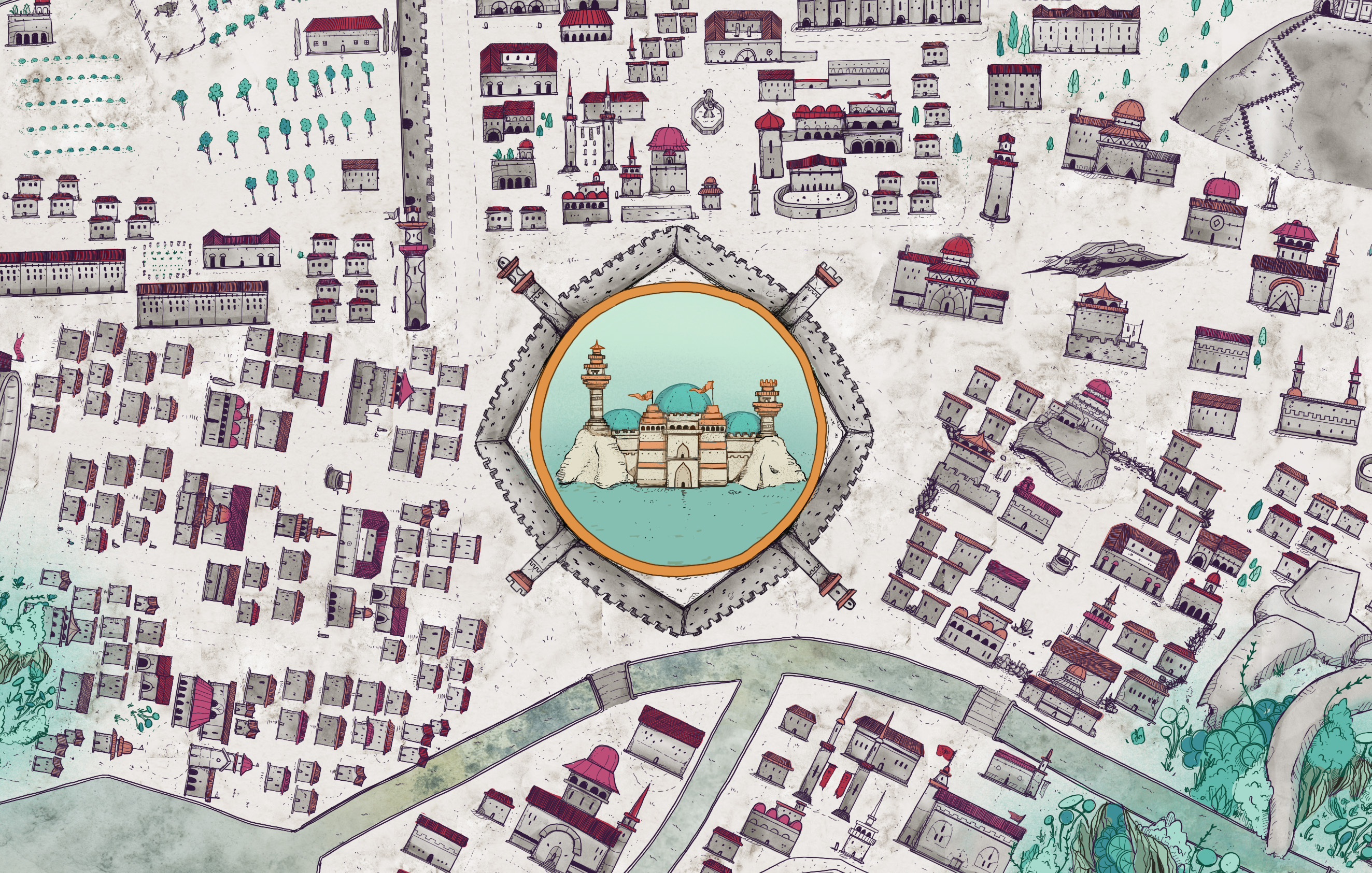 Partial close up view of a single district of Embrace, including a detail medallion.